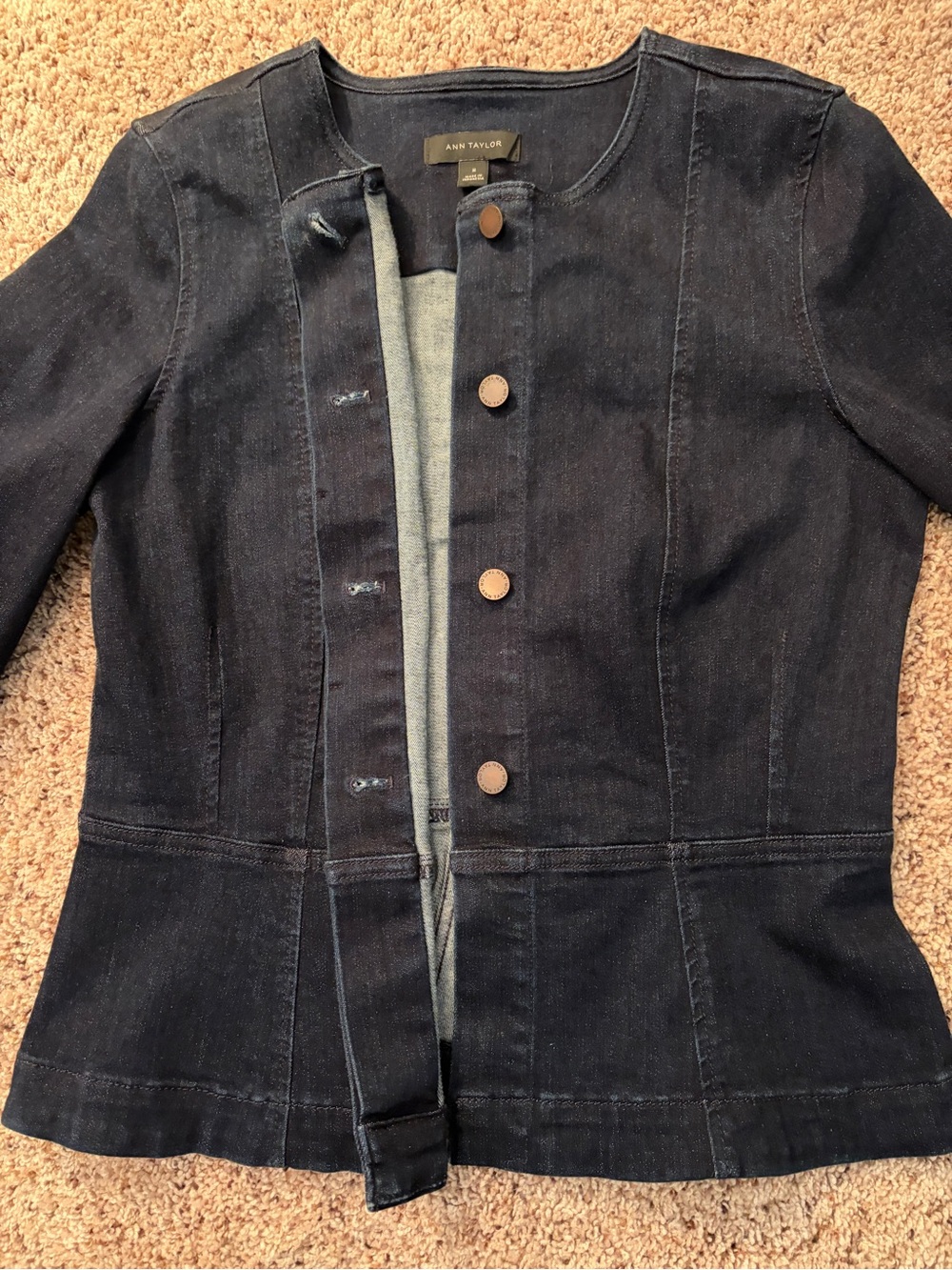 Ann Taylor Dark Indigo Collarless Denim Jacket with Flared Bottom